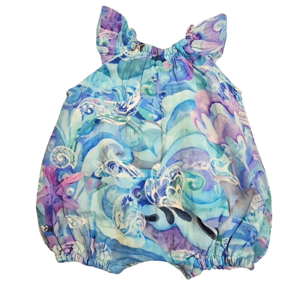 Bubble Romper -  Blue Lagoon - 100% Cotton / Guaze - Ruffle Sleeve - Elastic leg - Baby - BLULAG242