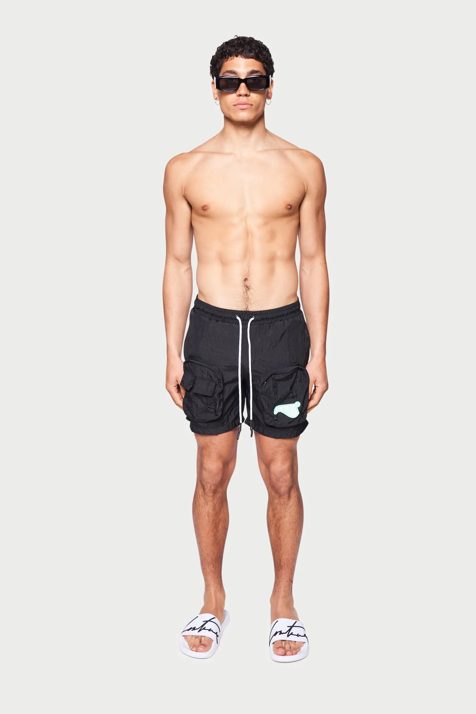 CARGO POCKET CRINKLE SWIM SHORT - BLACK *