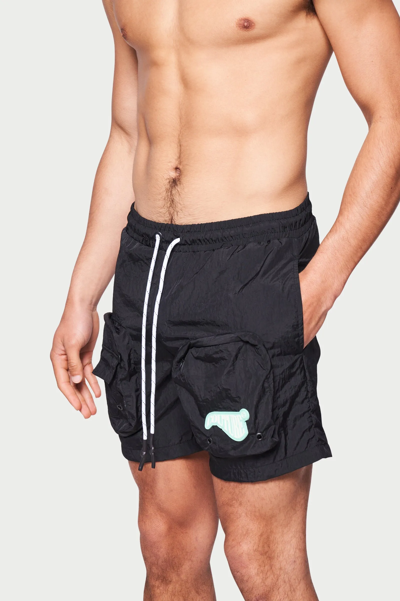 CARGO POCKET CRINKLE SWIM SHORT - BLACK *