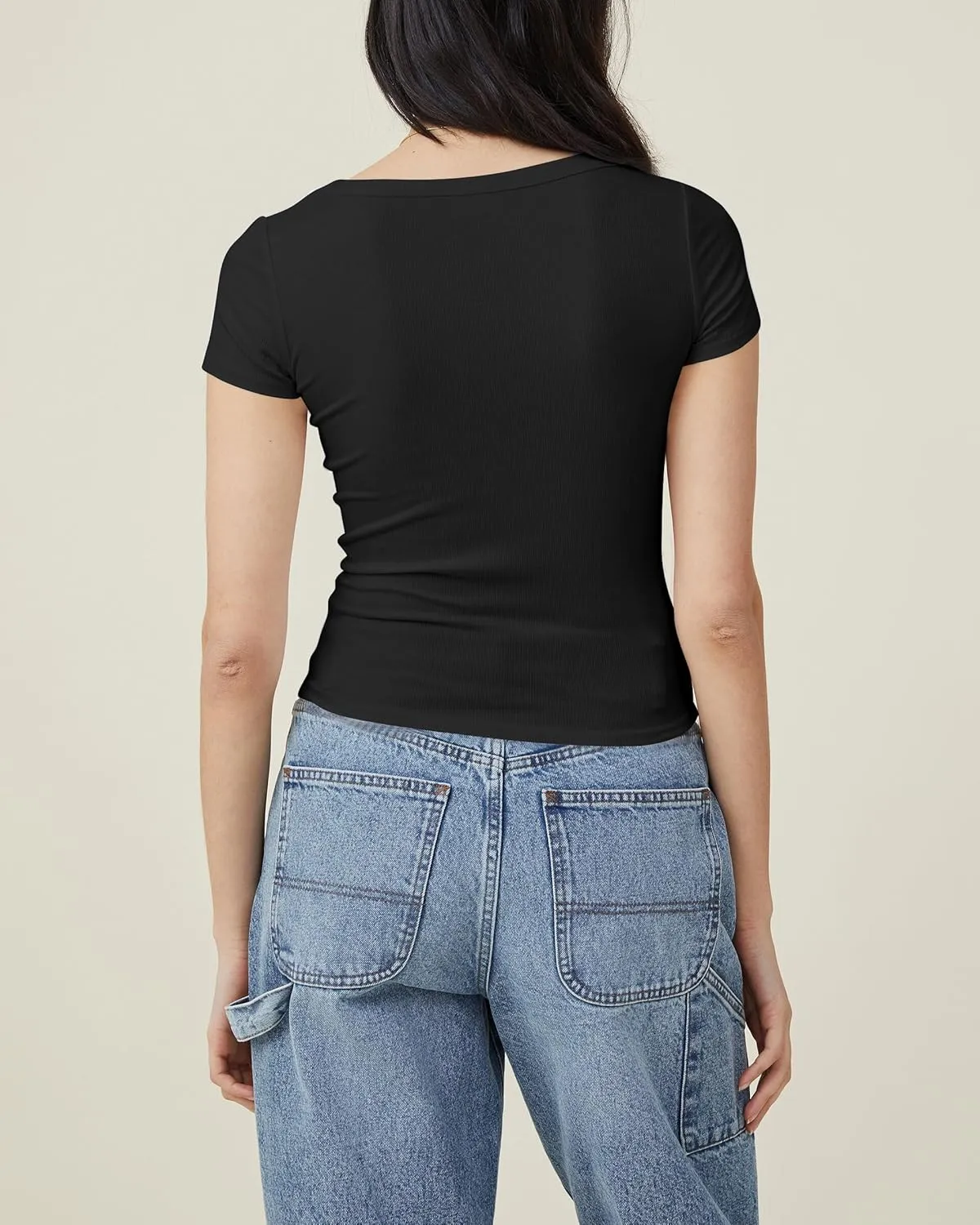 Cioatin Women Y2K Scoop Neck Short Sleeve Crop Tops Tight Slim Fit Ribbed Cropped Tee Shirt Going Out Workout Tshirt