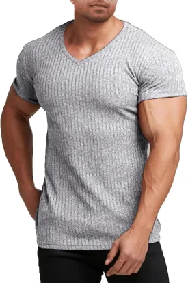 COOFANDY Men's Muscle T Shirts Stretch Short Sleeve V Neck Bodybuilding Workout Tee Shirts Ribbed Knit Shirt