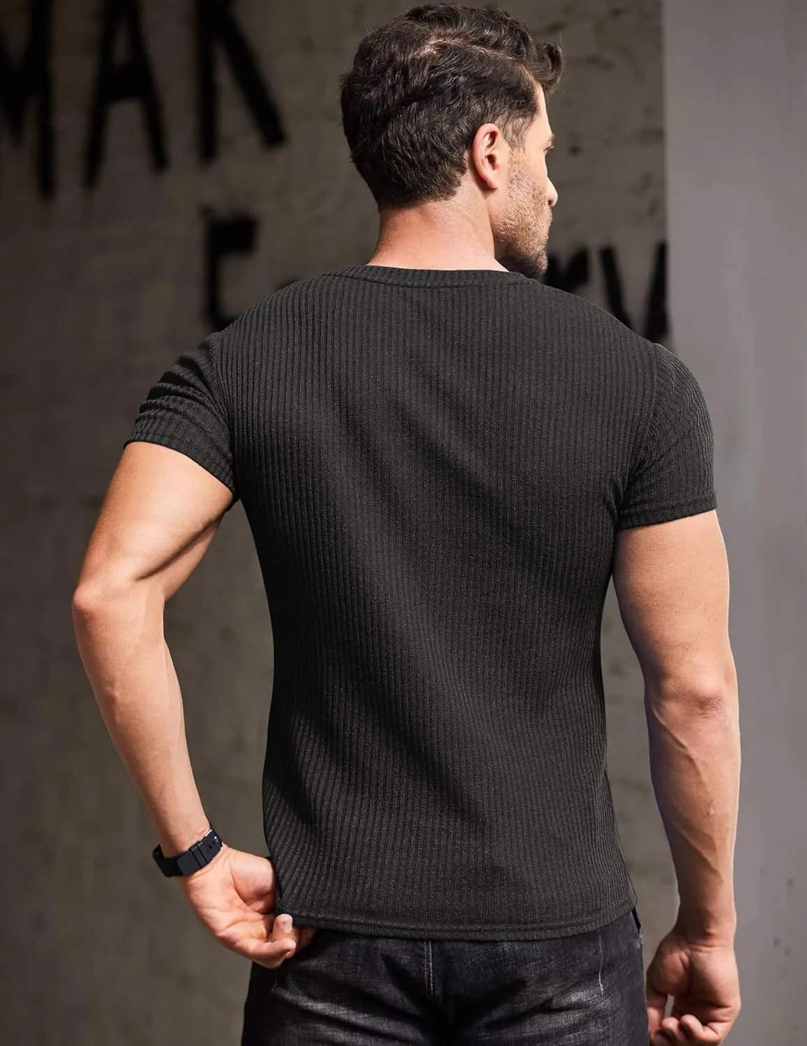 COOFANDY Men's Muscle T Shirts Stretch Short Sleeve V Neck Bodybuilding Workout Tee Shirts Ribbed Knit Shirt