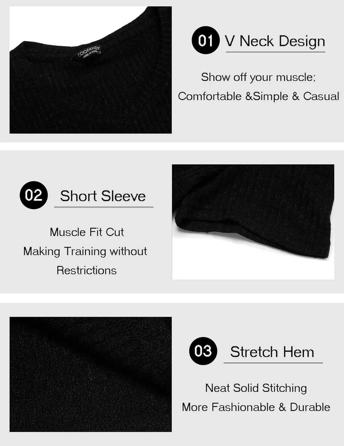 COOFANDY Men's Muscle T Shirts Stretch Short Sleeve V Neck Bodybuilding Workout Tee Shirts Ribbed Knit Shirt