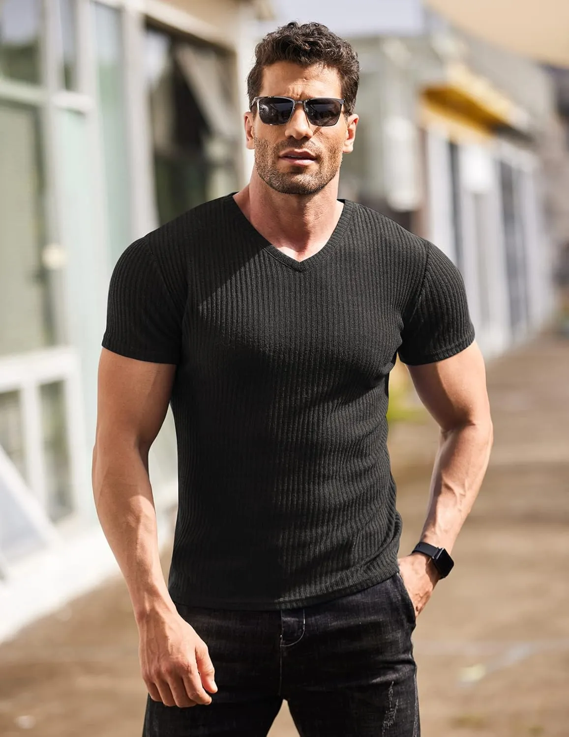 COOFANDY Men's Muscle T Shirts Stretch Short Sleeve V Neck Bodybuilding Workout Tee Shirts Ribbed Knit Shirt
