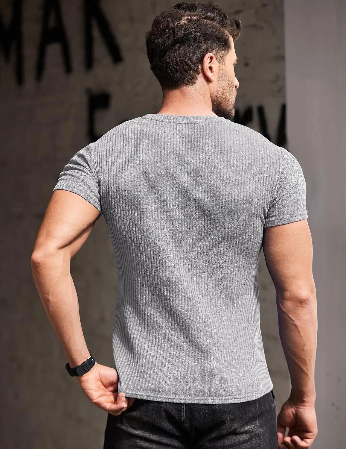 COOFANDY Men's Muscle T Shirts Stretch Short Sleeve V Neck Bodybuilding Workout Tee Shirts Ribbed Knit Shirt