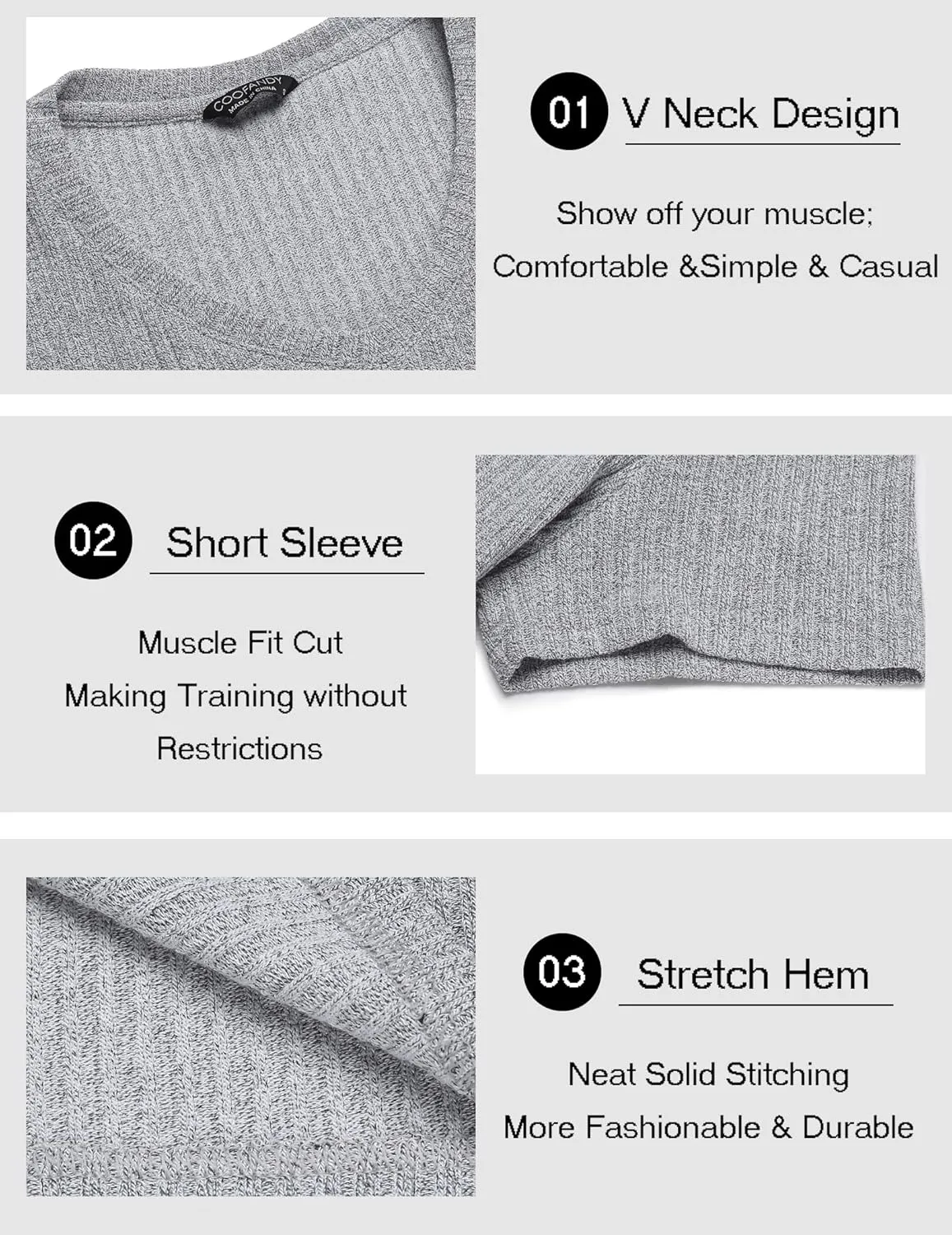 COOFANDY Men's Muscle T Shirts Stretch Short Sleeve V Neck Bodybuilding Workout Tee Shirts Ribbed Knit Shirt