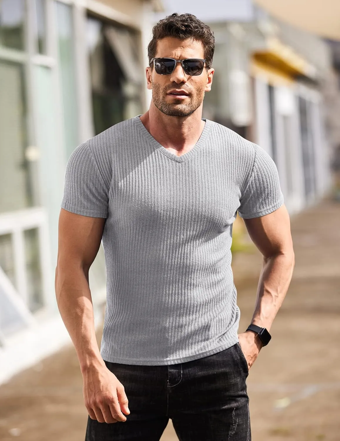 COOFANDY Men's Muscle T Shirts Stretch Short Sleeve V Neck Bodybuilding Workout Tee Shirts Ribbed Knit Shirt