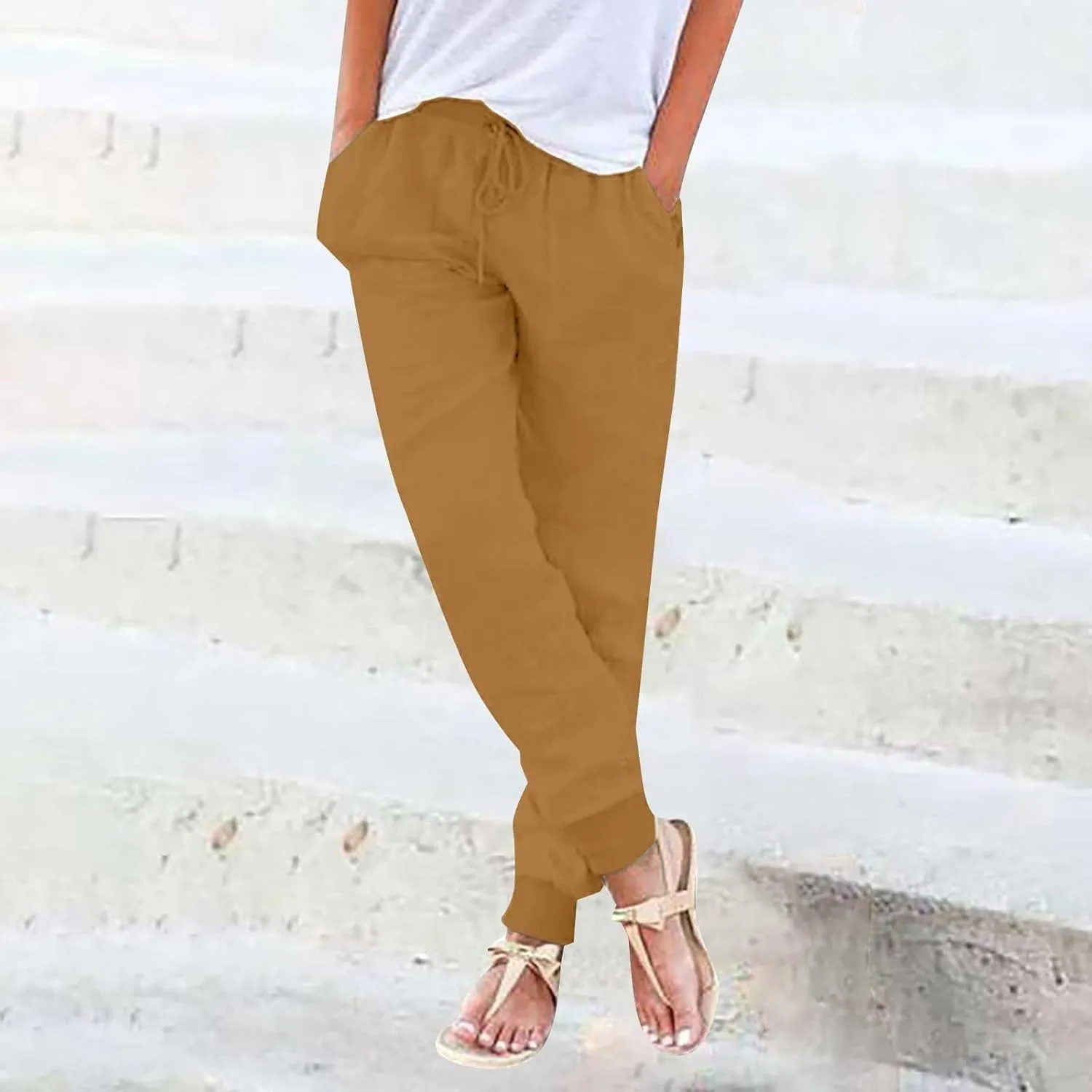 Cotton Joggers for Women Lightweight Elastic Waist Tapered Leg Sweatpants with Pockets Summer Casual Vacation Clothes