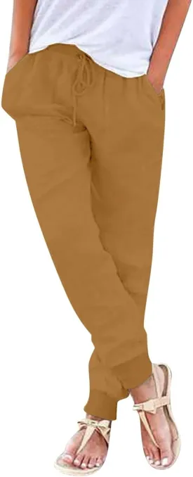 Cotton Joggers for Women Lightweight Elastic Waist Tapered Leg Sweatpants with Pockets Summer Casual Vacation Clothes