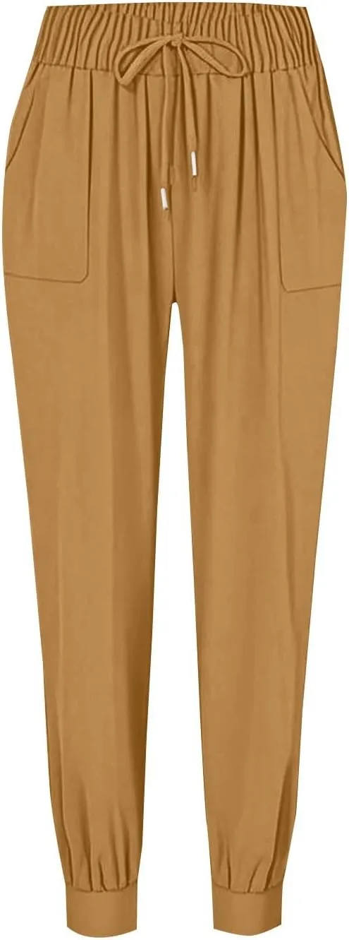Cotton Joggers for Women Lightweight Elastic Waist Tapered Leg Sweatpants with Pockets Summer Casual Vacation Clothes