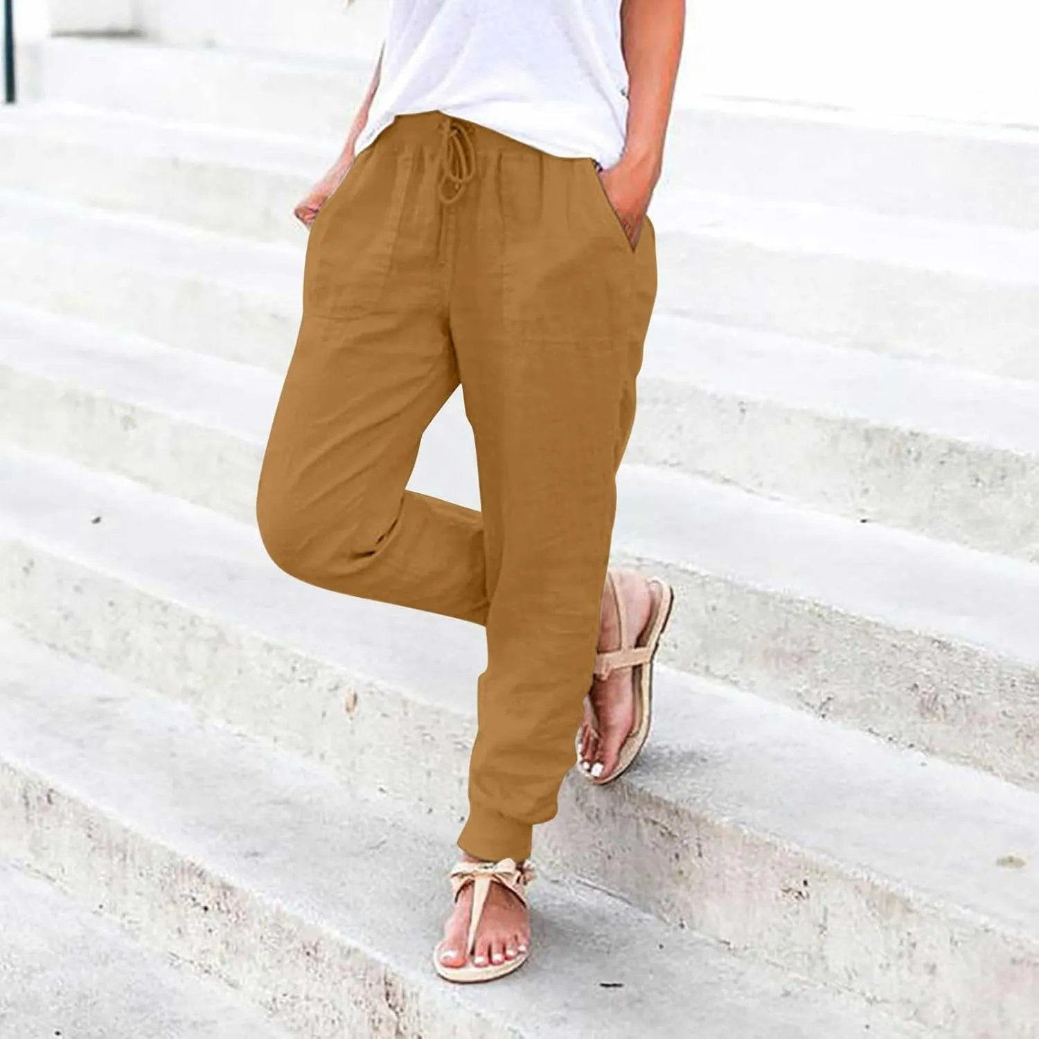 Cotton Joggers for Women Lightweight Elastic Waist Tapered Leg Sweatpants with Pockets Summer Casual Vacation Clothes