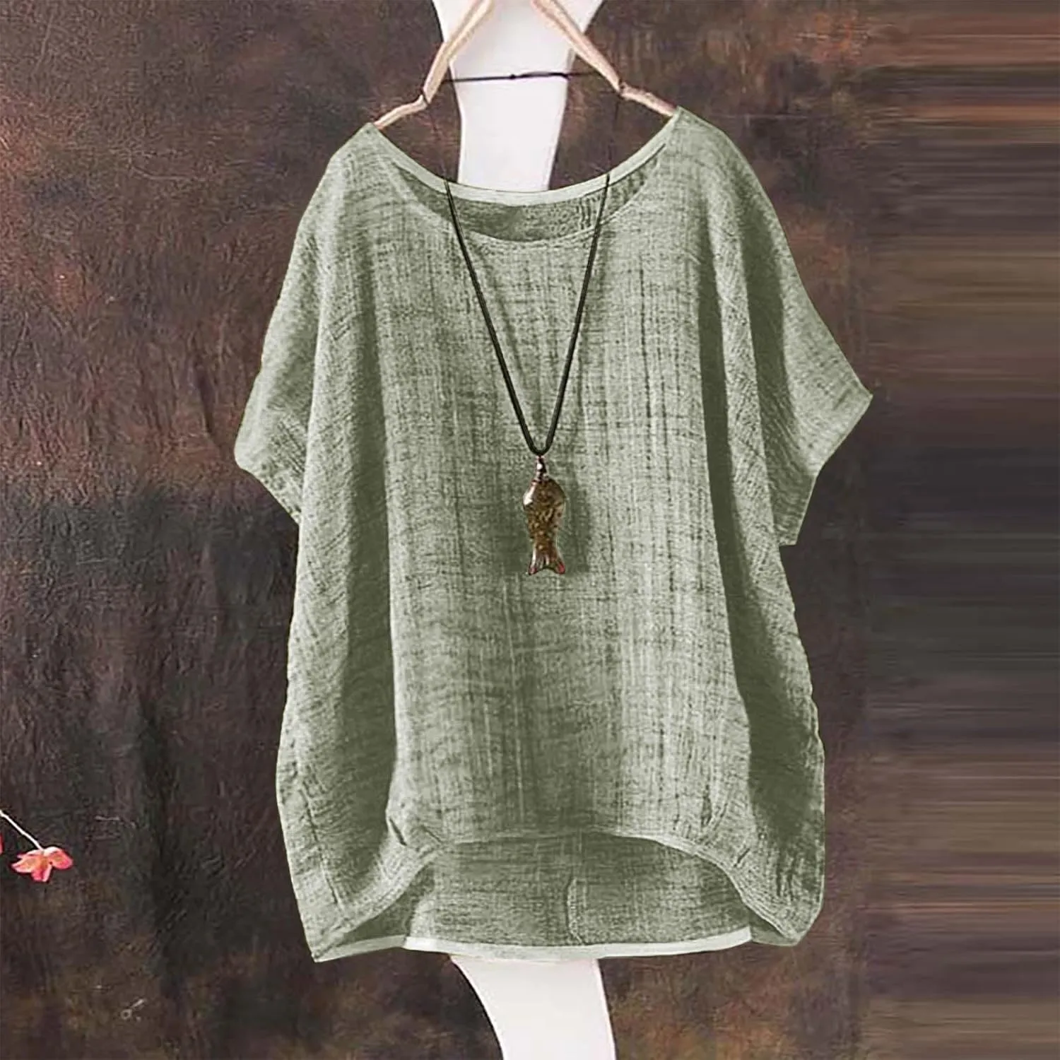 Cotton Linen Shirts for Women Three Quarter Sleeve Cotton and Linen Top with Stand Collar Dressy Casual Vacation Top