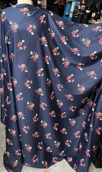 Cotton Satin Floral Print- Navy/Red/Beige