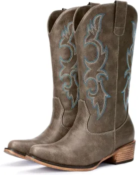 Cowboy Boots for Women - Embroidered Cowgirl Boots Western Mid Calf Fashion Chunky Heel Pointed Toe Country Boot