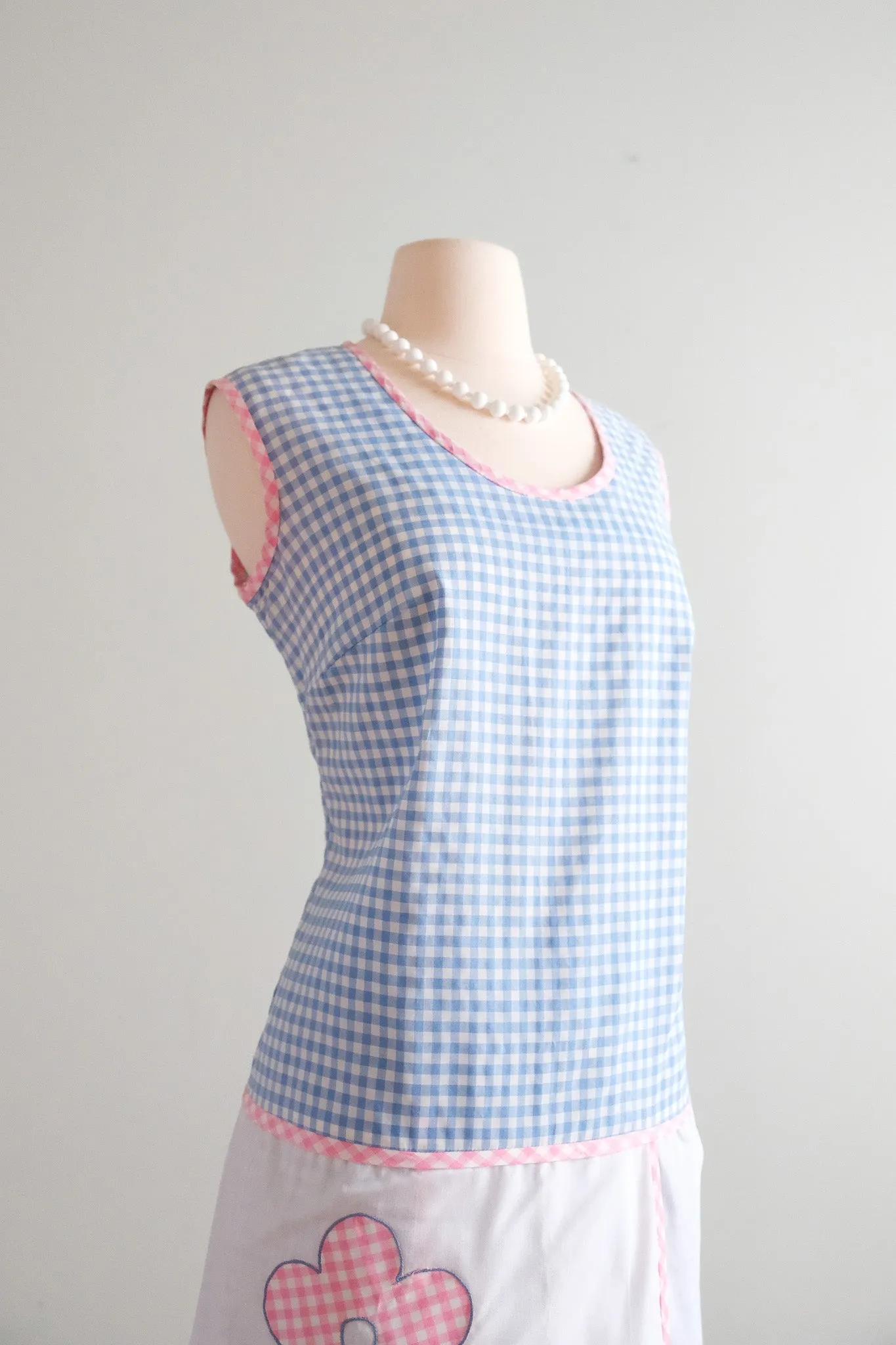 CUTE 1960's Baby Blue & Pink Gingham Daisy Shift Dress & Shorts Set / Sz M