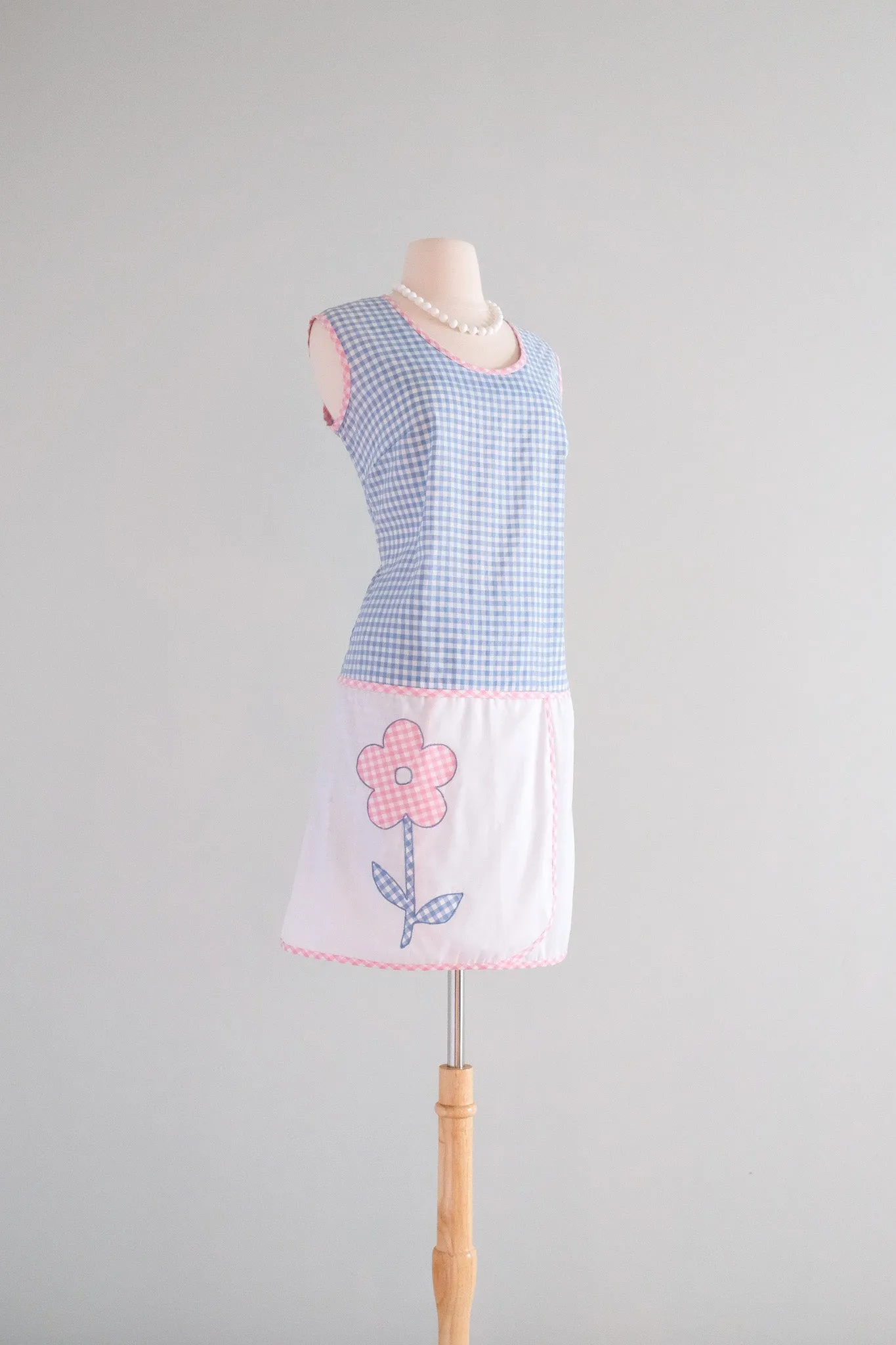 CUTE 1960's Baby Blue & Pink Gingham Daisy Shift Dress & Shorts Set / Sz M