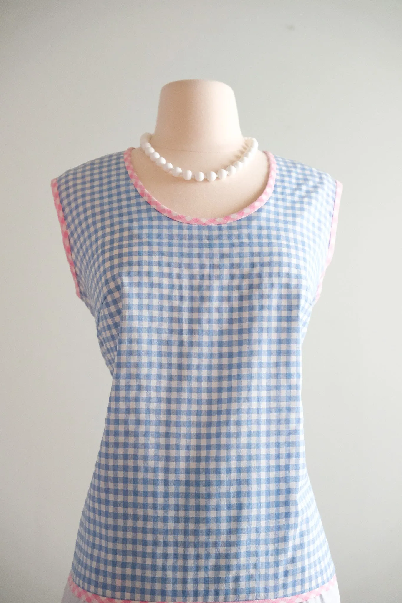 CUTE 1960's Baby Blue & Pink Gingham Daisy Shift Dress & Shorts Set / Sz M