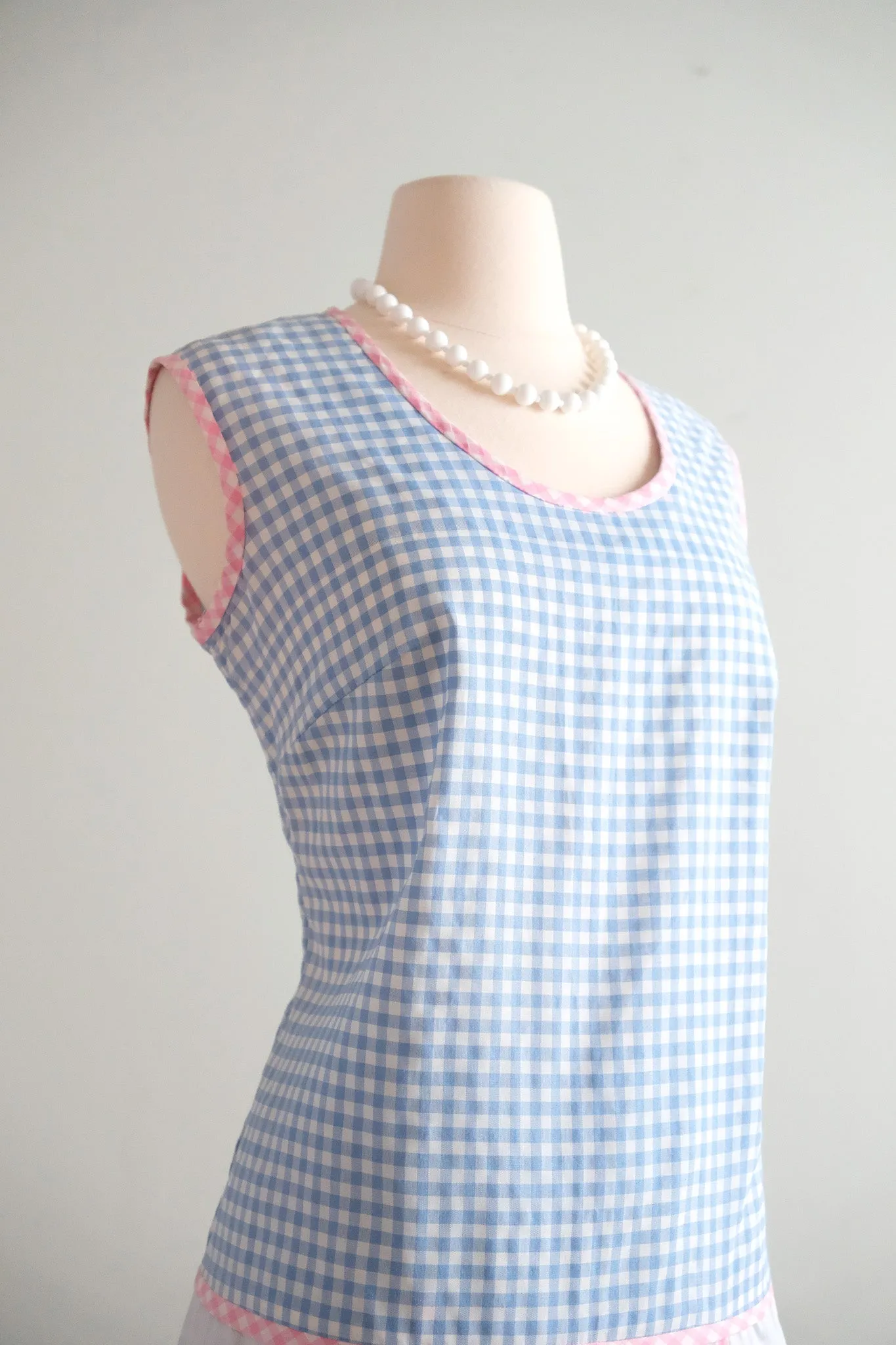 CUTE 1960's Baby Blue & Pink Gingham Daisy Shift Dress & Shorts Set / Sz M