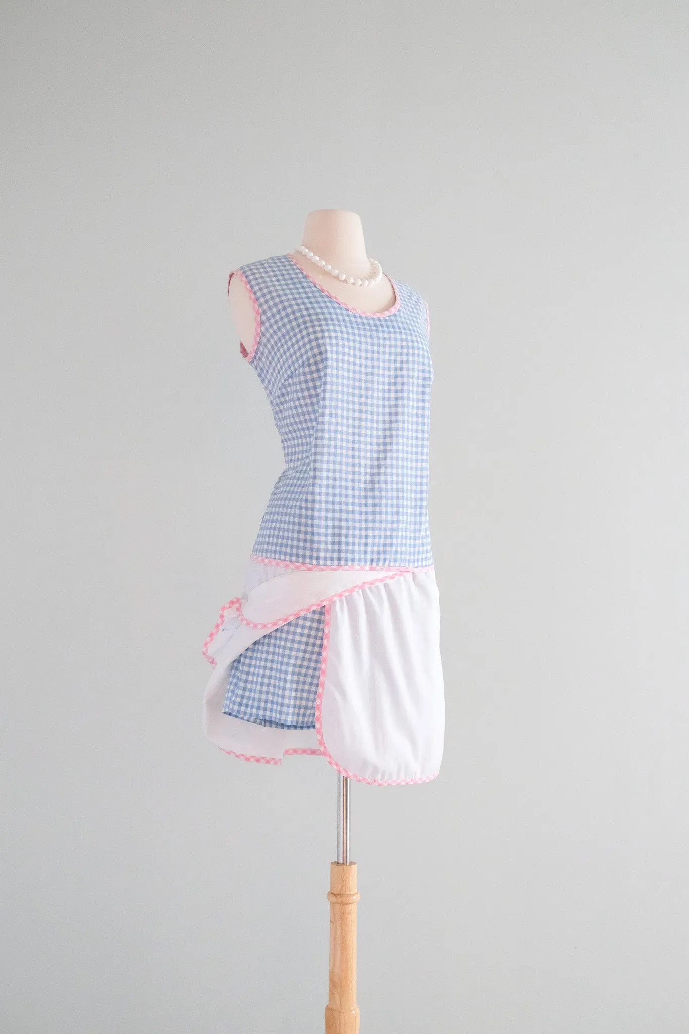 CUTE 1960's Baby Blue & Pink Gingham Daisy Shift Dress & Shorts Set / Sz M