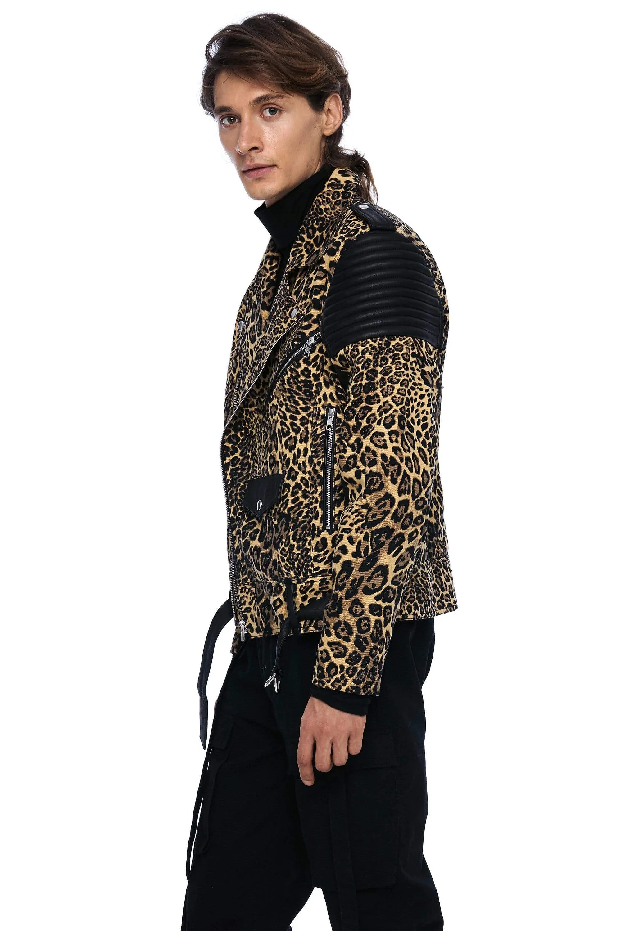 DENIM AND LEATHER BIKER JACKET IN LEOPARD