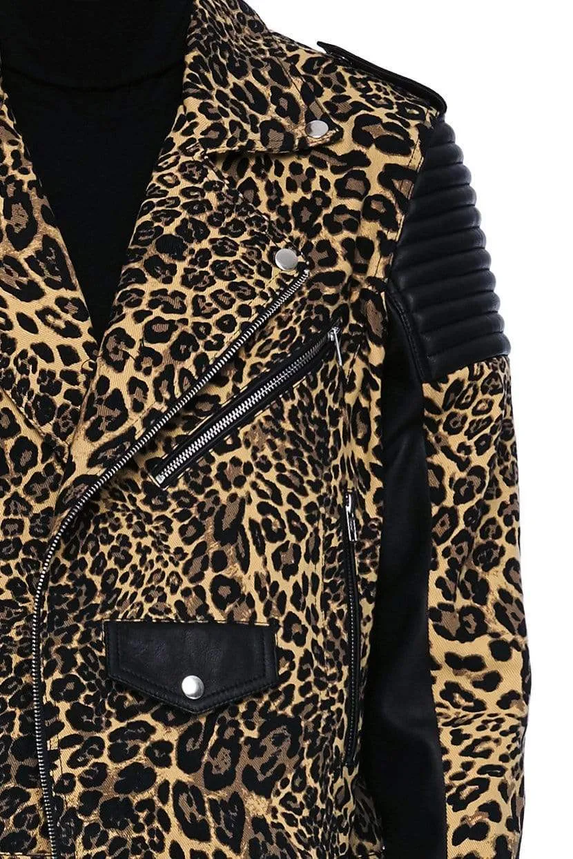 DENIM AND LEATHER BIKER JACKET IN LEOPARD