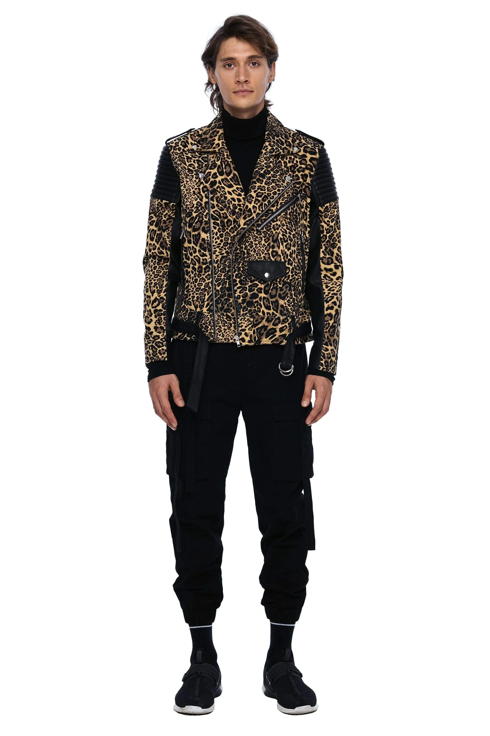 DENIM AND LEATHER BIKER JACKET IN LEOPARD