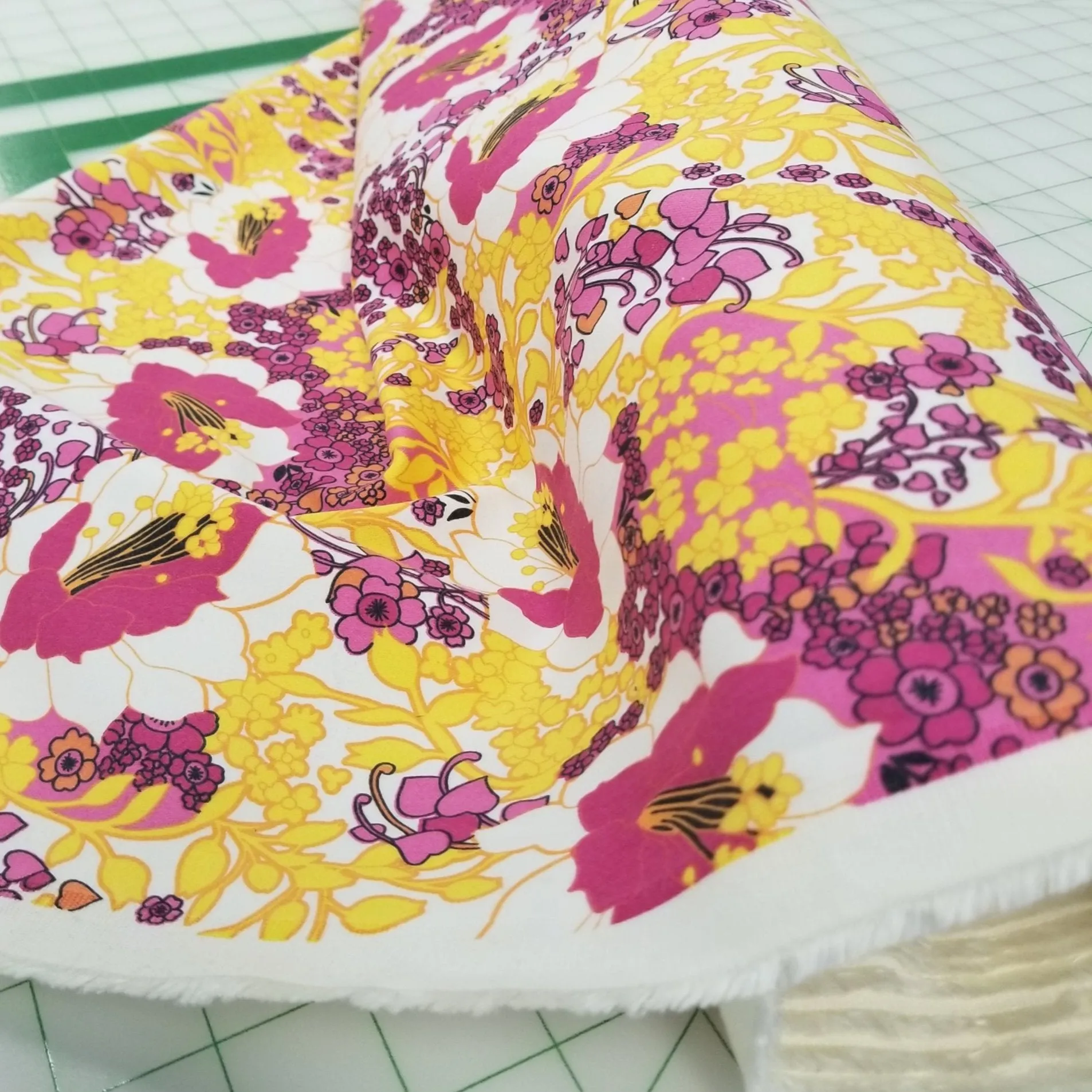 Designer European Deadstock Cotton Spandex Floral Yellow and Fuchsia Stretch White Twill Woven- by the yard