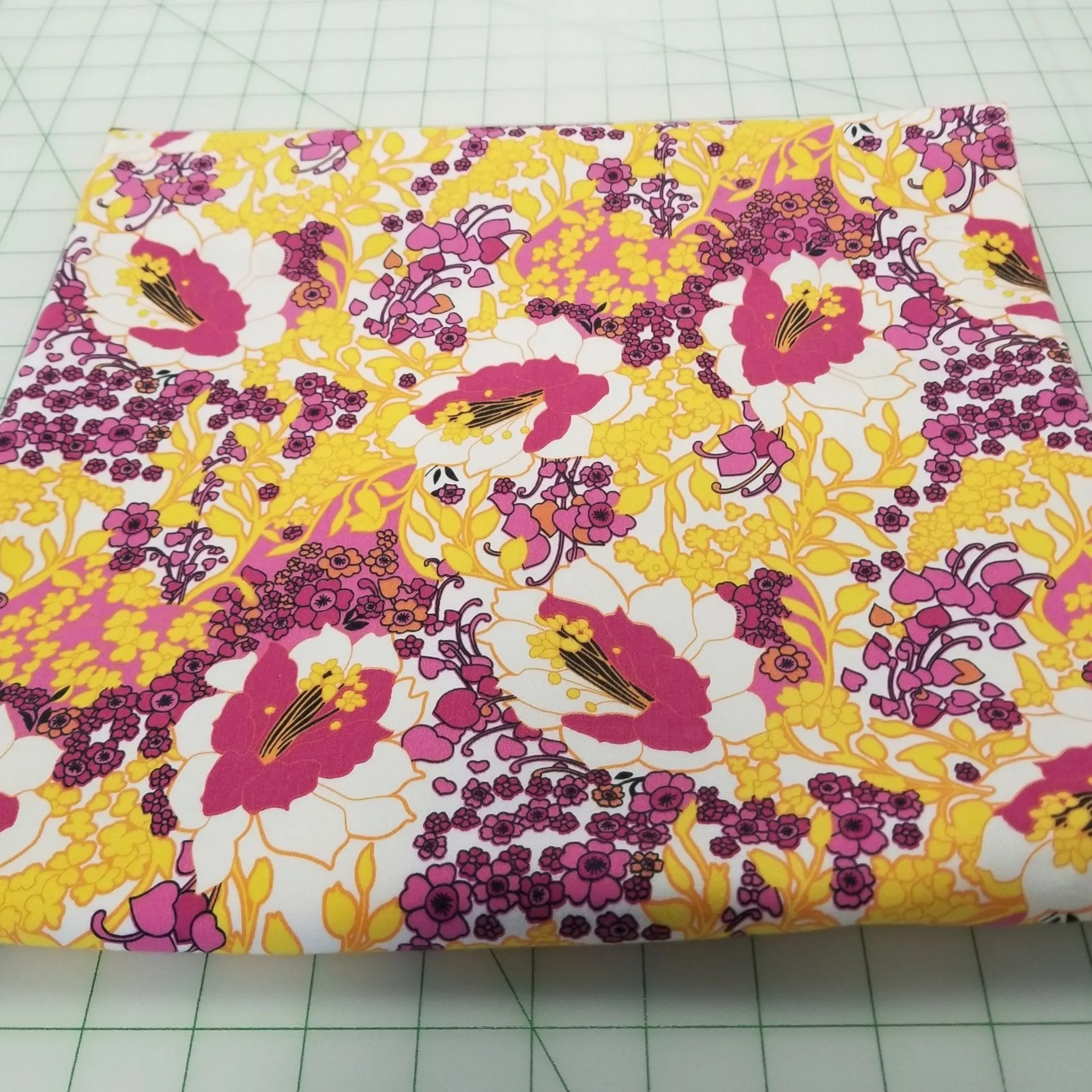 Designer European Deadstock Cotton Spandex Floral Yellow and Fuchsia Stretch White Twill Woven- by the yard