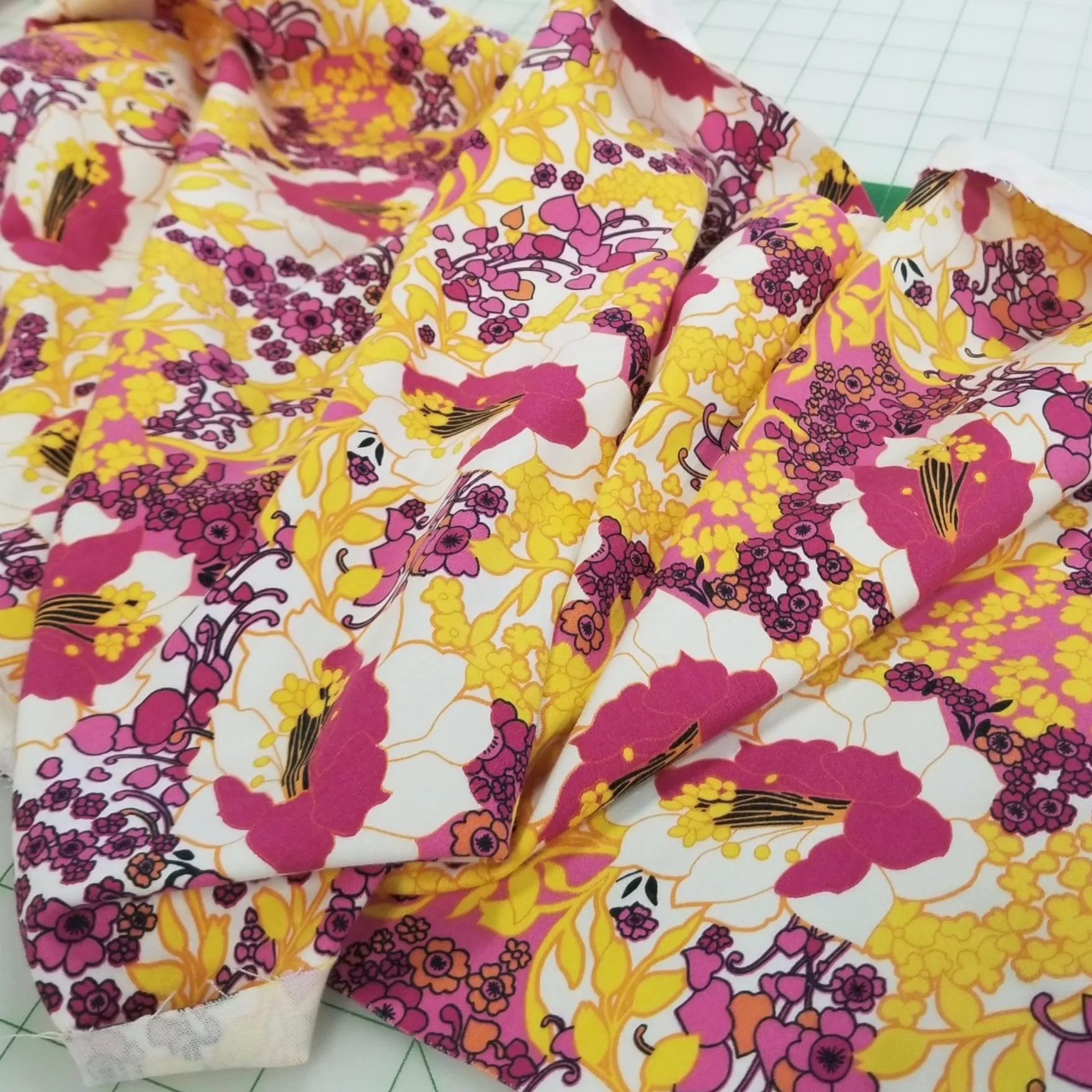 Designer European Deadstock Cotton Spandex Floral Yellow and Fuchsia Stretch White Twill Woven- by the yard