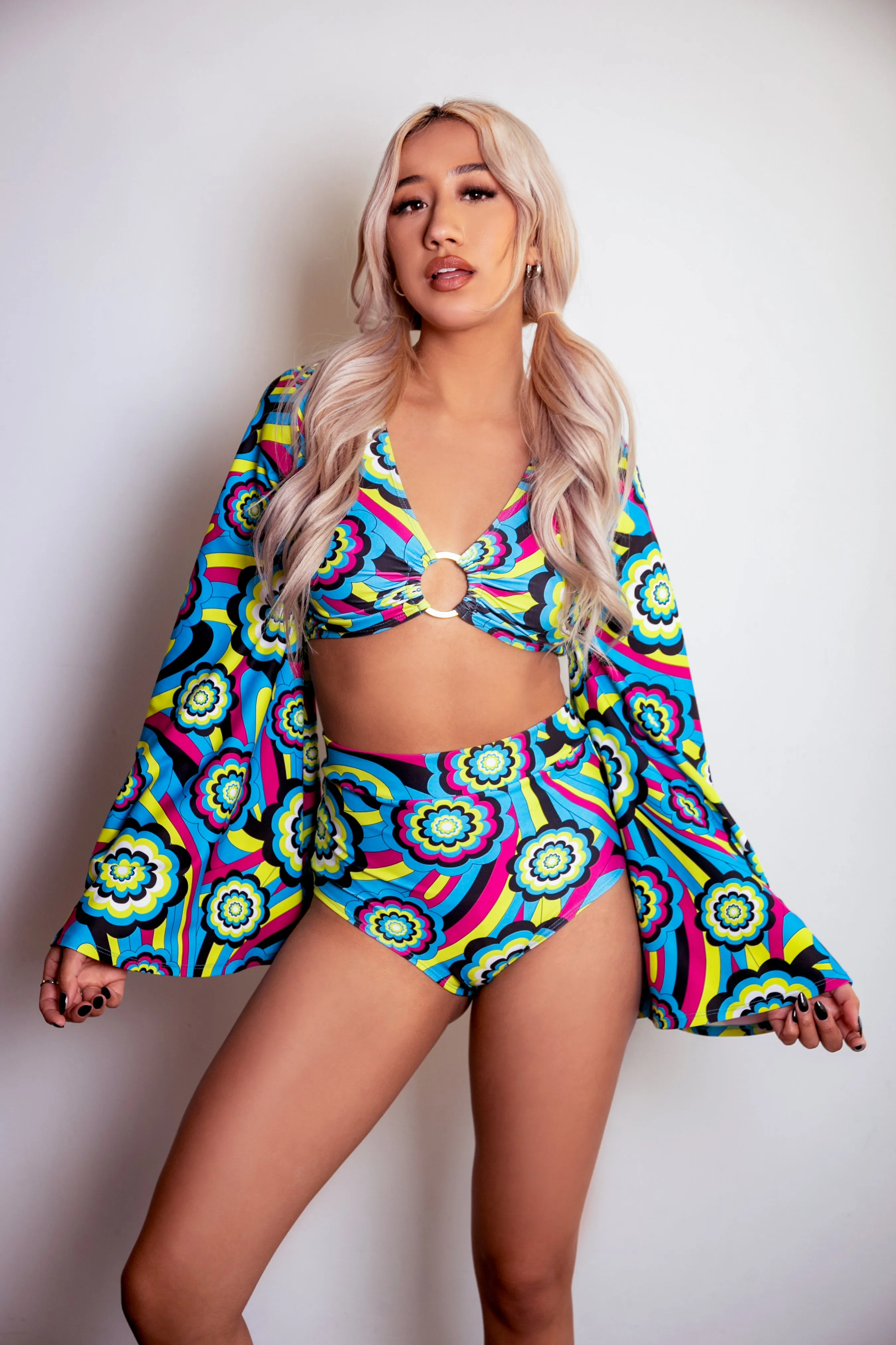 Disco Ring Top with Flare Sleeves in Blue Retro Flowers