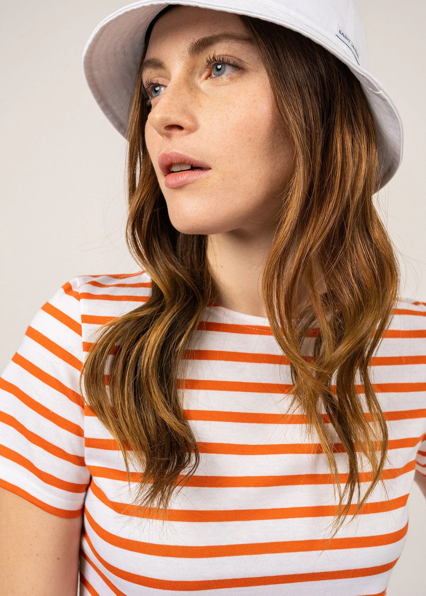 ETRILLE - Nautical Stripe Tee with Short Sleeves | Soft Cotton | Women Fit (WHITE / NEON ORANGE)