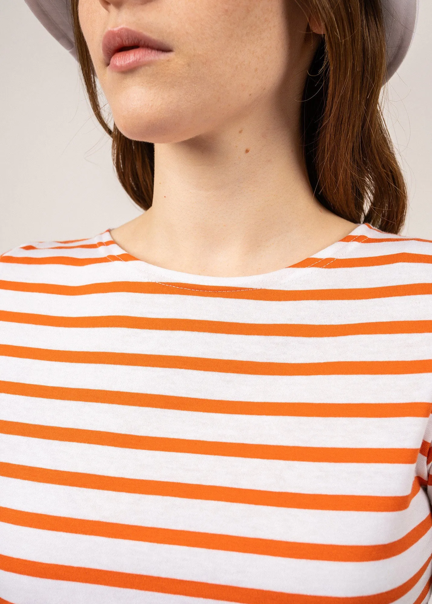 ETRILLE - Nautical Stripe Tee with Short Sleeves | Soft Cotton | Women Fit (WHITE / NEON ORANGE)