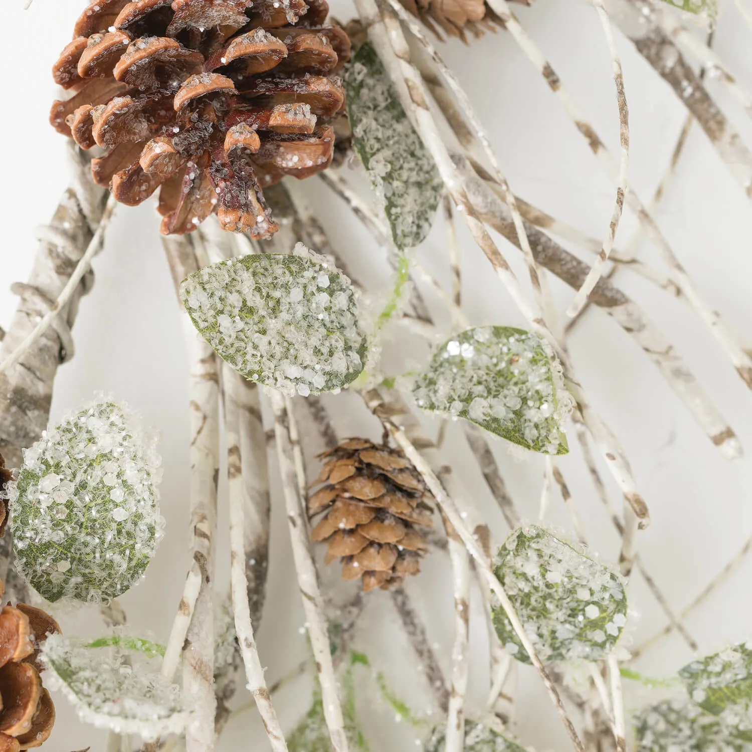 Frosted Birch Leaf, Twig, and Pine Cone Wreath