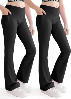 Girls Flare Yoga Leggings Cross High Waisted Dance Cute Activewear Kids Bell Bottoms Pants with Pockets 5-13 Years