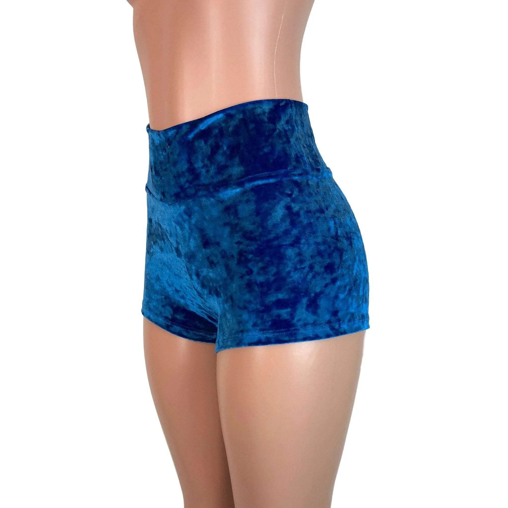 High Waisted Booty Shorts - Blue Crushed Velvet