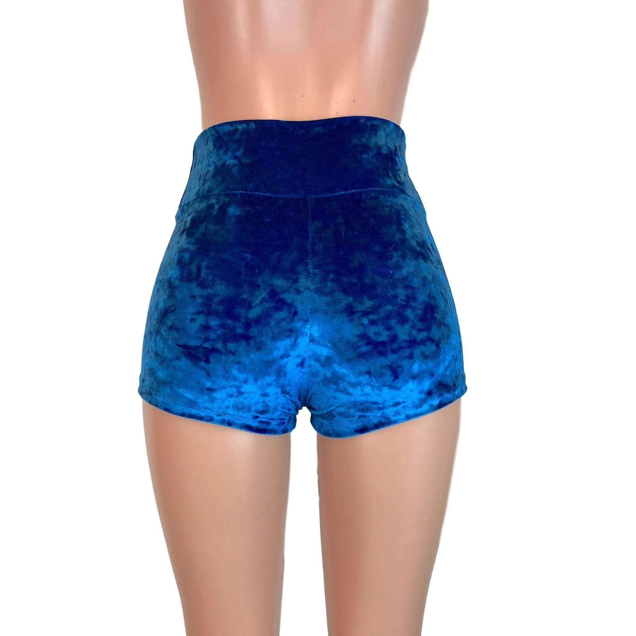 High Waisted Booty Shorts - Blue Crushed Velvet
