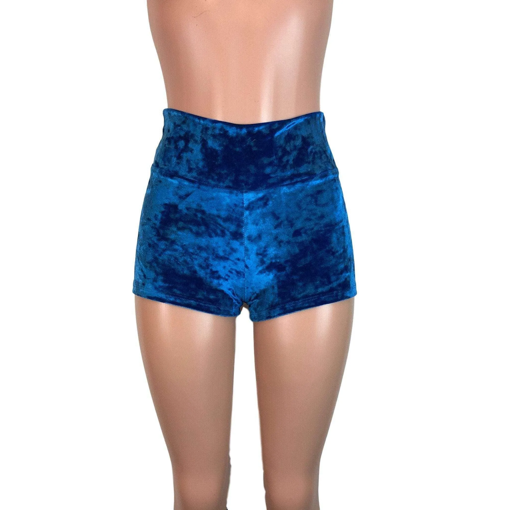 High Waisted Booty Shorts - Blue Crushed Velvet