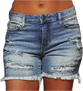 hlysgo Jeans Shorts for Women Mid Rise Ripped Jean Shorts Stretchy Frayed Raw Hem Casual Denim Shorts 2024 Summer Shorts