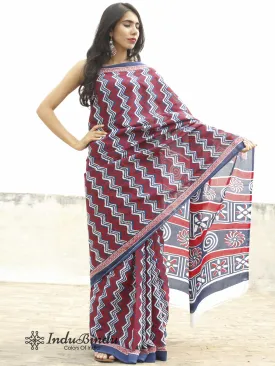 Indigo Maroon White Hand Block Printed Cotton Saree In Natural Colors - S031702371