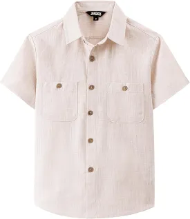 JOGAL Boys Chambray Shirts Short Sleeve Button Down Casual Cotton Woven Shirt with Two Pockets for Kids 6-14 Years