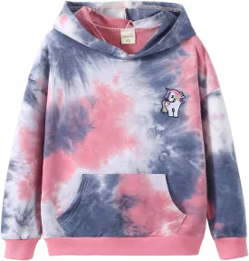 Julerwoo Girl's Rainbow & Unicorn Cotton Hoodie Tie dye Printed Sweatshirt Pullover Tops for Toddlers Girls