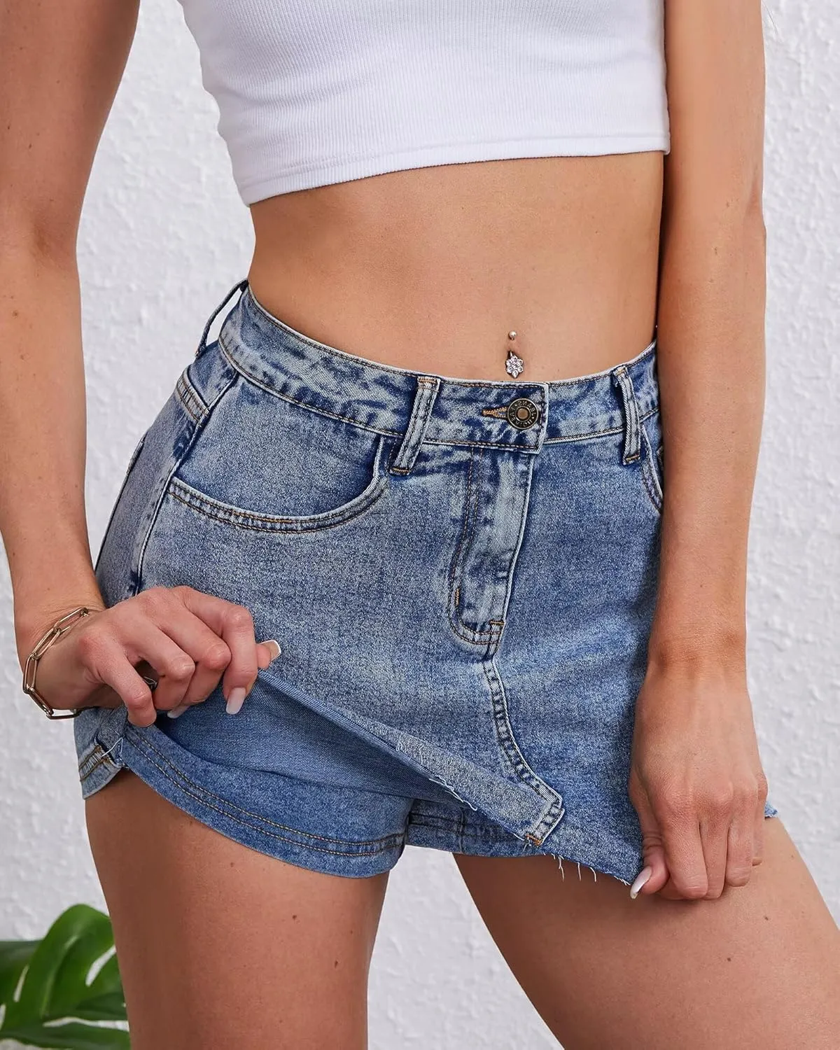 KDF Denim Skort for Women Denim Skirt with Shorts Frayed Raw Hem Mini Skort Blue Jean Skirt for Women Jean Skort