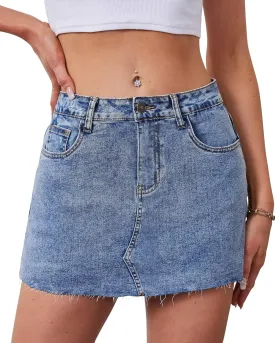 KDF Denim Skort for Women Denim Skirt with Shorts Frayed Raw Hem Mini Skort Blue Jean Skirt for Women Jean Skort