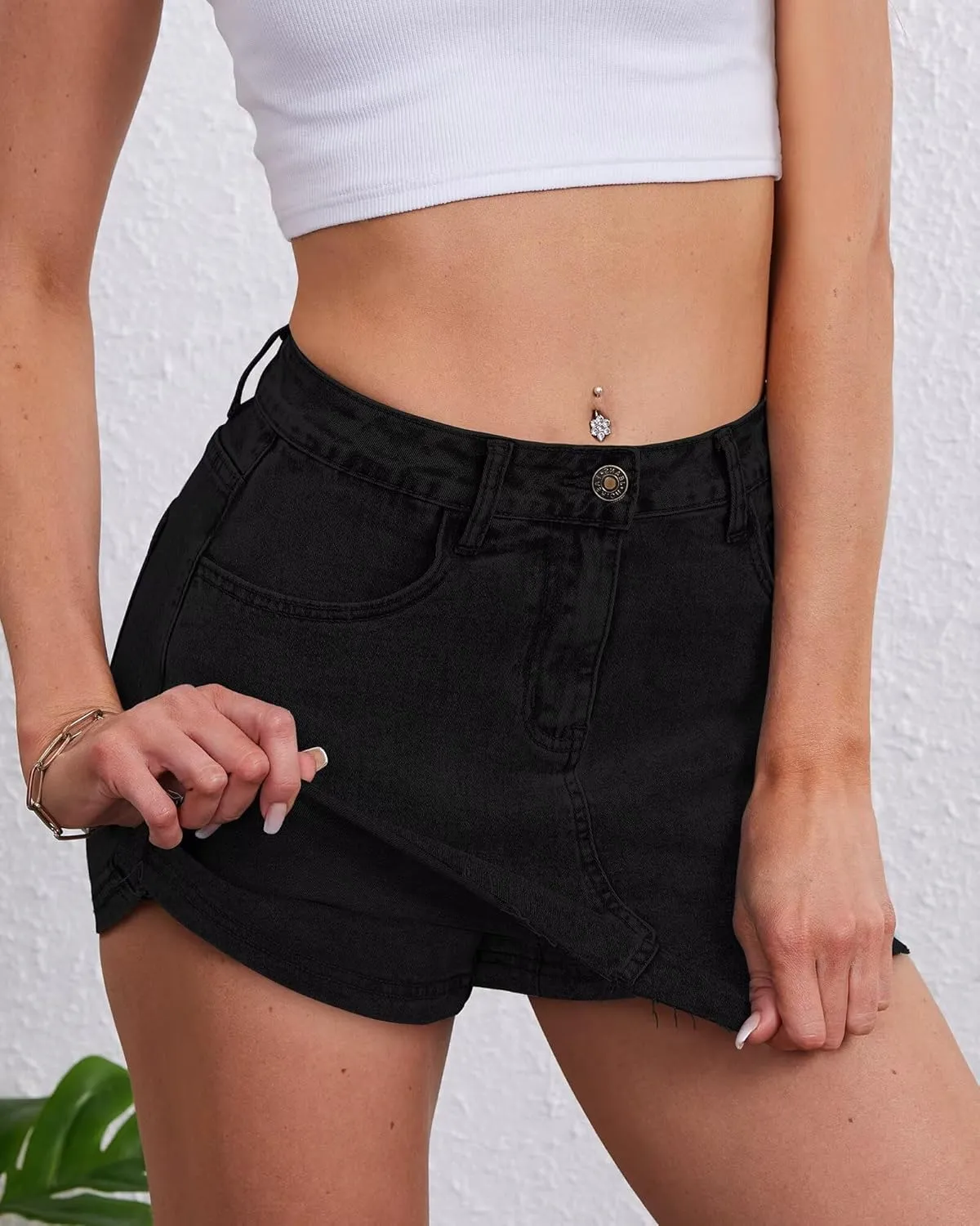 KDF Denim Skort for Women Denim Skirt with Shorts Frayed Raw Hem Mini Skort Blue Jean Skirt for Women Jean Skort
