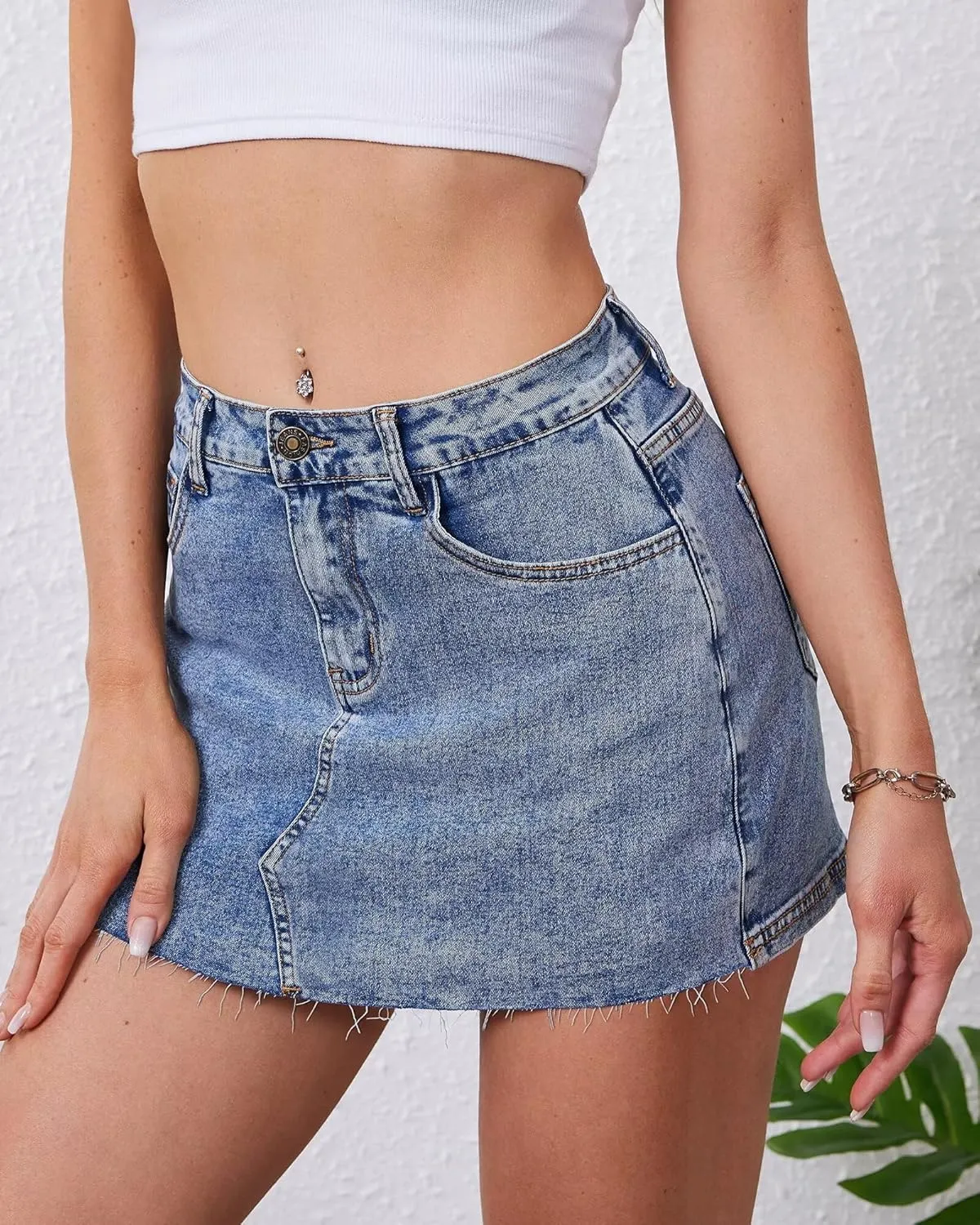 KDF Denim Skort for Women Denim Skirt with Shorts Frayed Raw Hem Mini Skort Blue Jean Skirt for Women Jean Skort