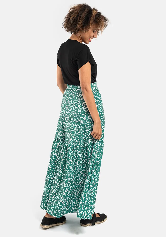 Keri Green Ditsy Floral Print Tiered Hem Maxi Skirt