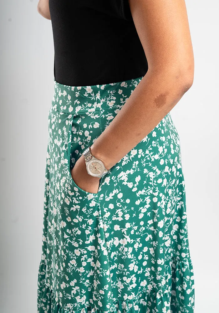 Keri Green Ditsy Floral Print Tiered Hem Maxi Skirt
