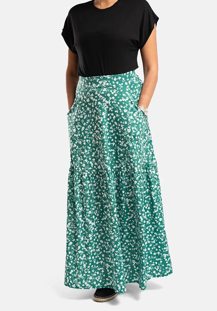 Keri Green Ditsy Floral Print Tiered Hem Maxi Skirt
