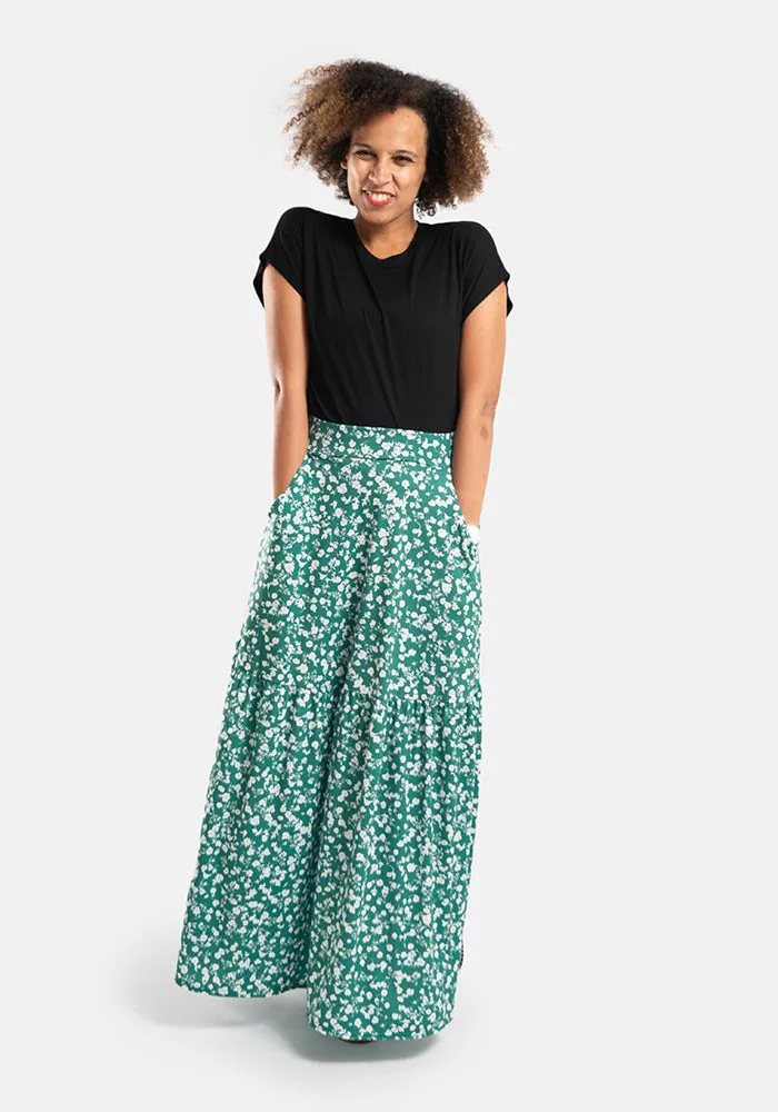 Keri Green Ditsy Floral Print Tiered Hem Maxi Skirt