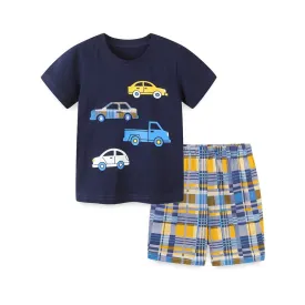 Kids 2Pc Outfit Toddler Sizes 2T - 7T Car Design Shirt & Plaid Shorts